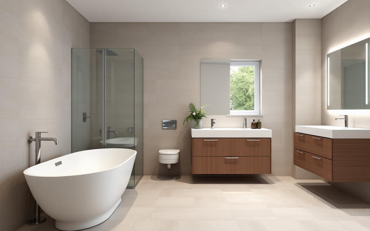 Modern family bathroom with freestanding bath and porcelain tile in Bromley
