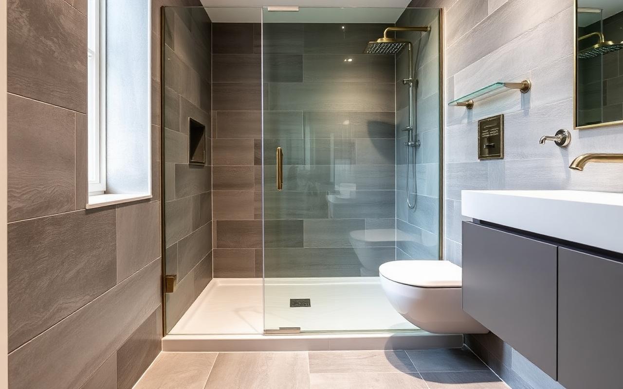 Walk-in wet room with tanked floor and large format porcelain tiles