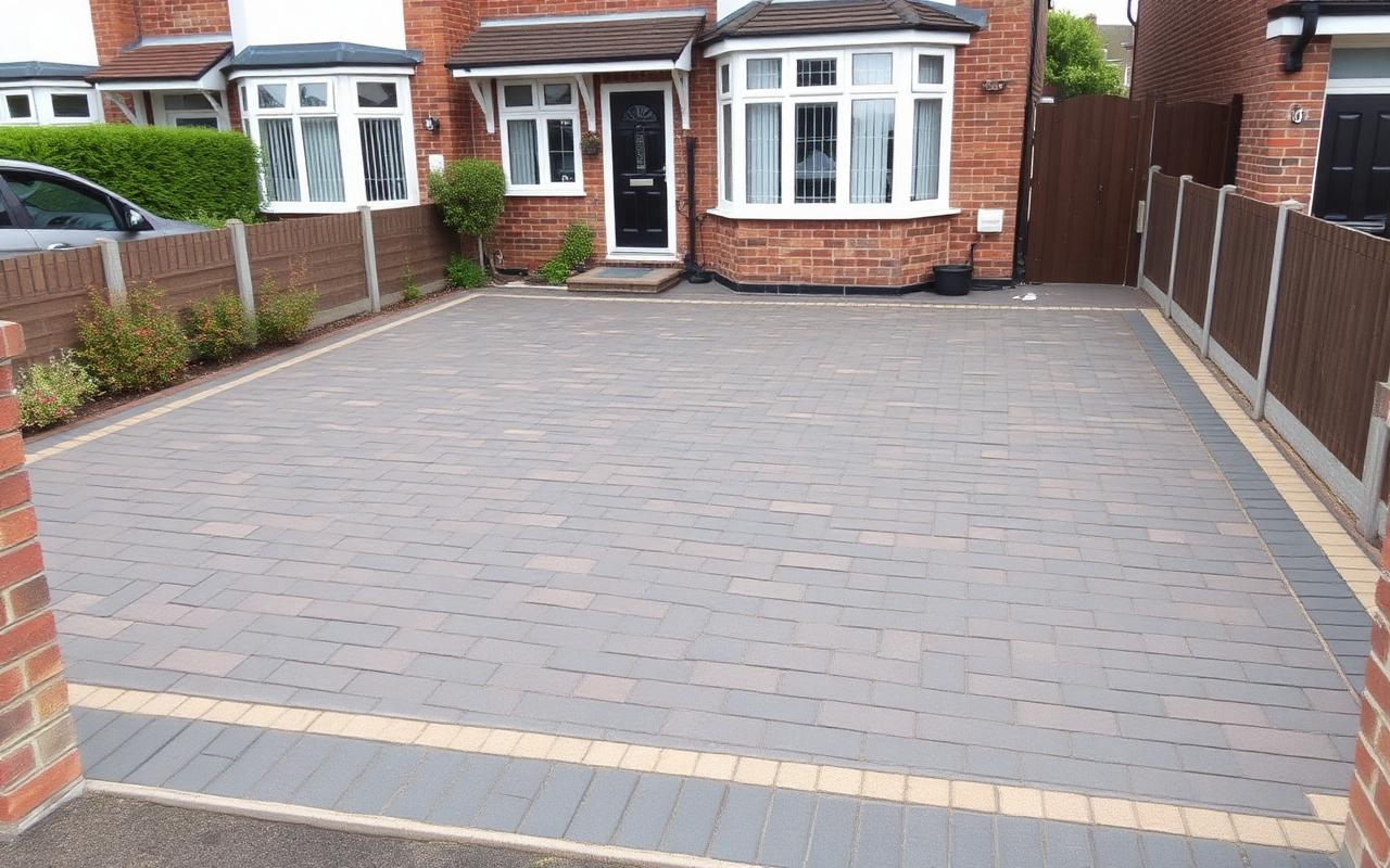 Block paving driveway in charcoal and buff Marshalls Drivesett Tegula in Kent