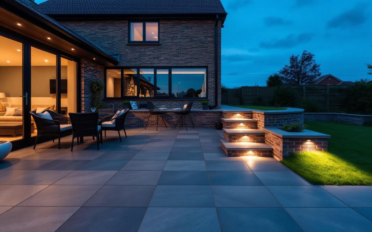 Porcelain patio with large-format graphite tiles and LED step lighting