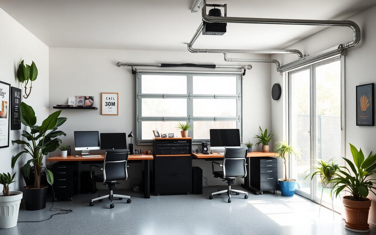 Garage converted into home office with natural light and home network in Kent