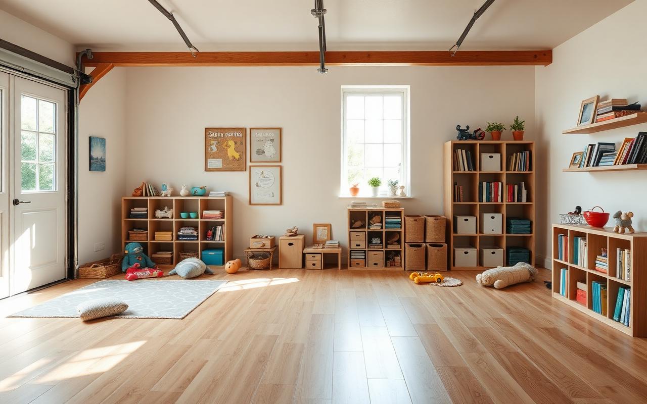 Double garage converted into open-plan playroom with engineered oak floor