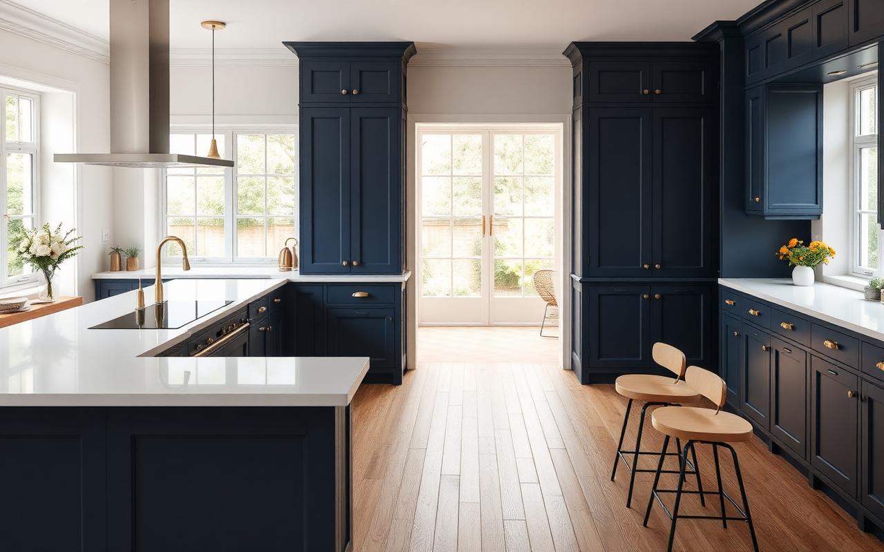 Open-plan navy shaker kitchen with island and quartz worktops in a Kent home