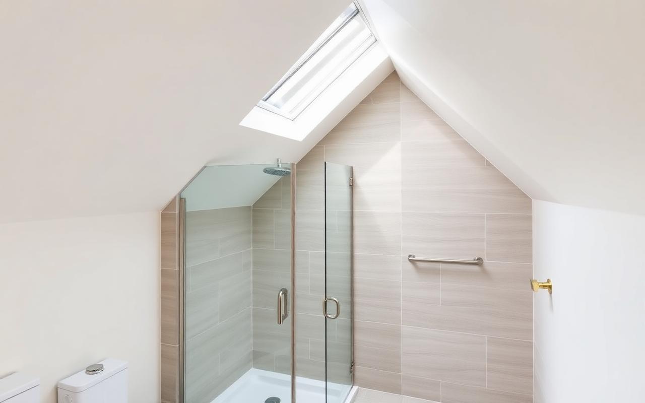 Loft en-suite shower room with skylight and porcelain tile
