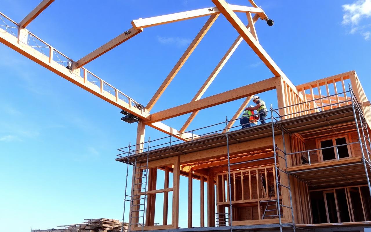 Construction phase of new build house with timber frame and SIP panels
