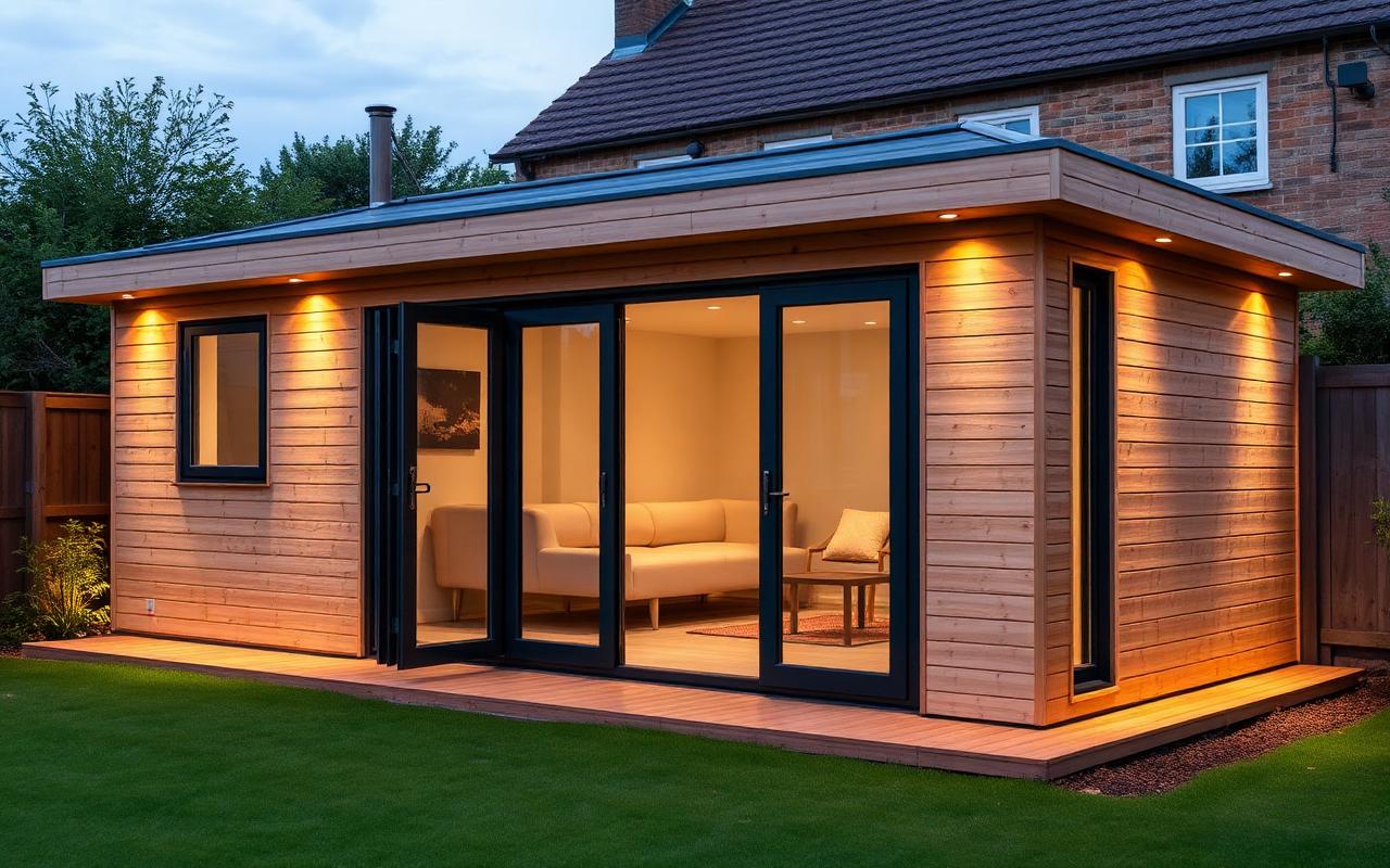 Insulated cedar-clad garden office with bifold doors in Kent