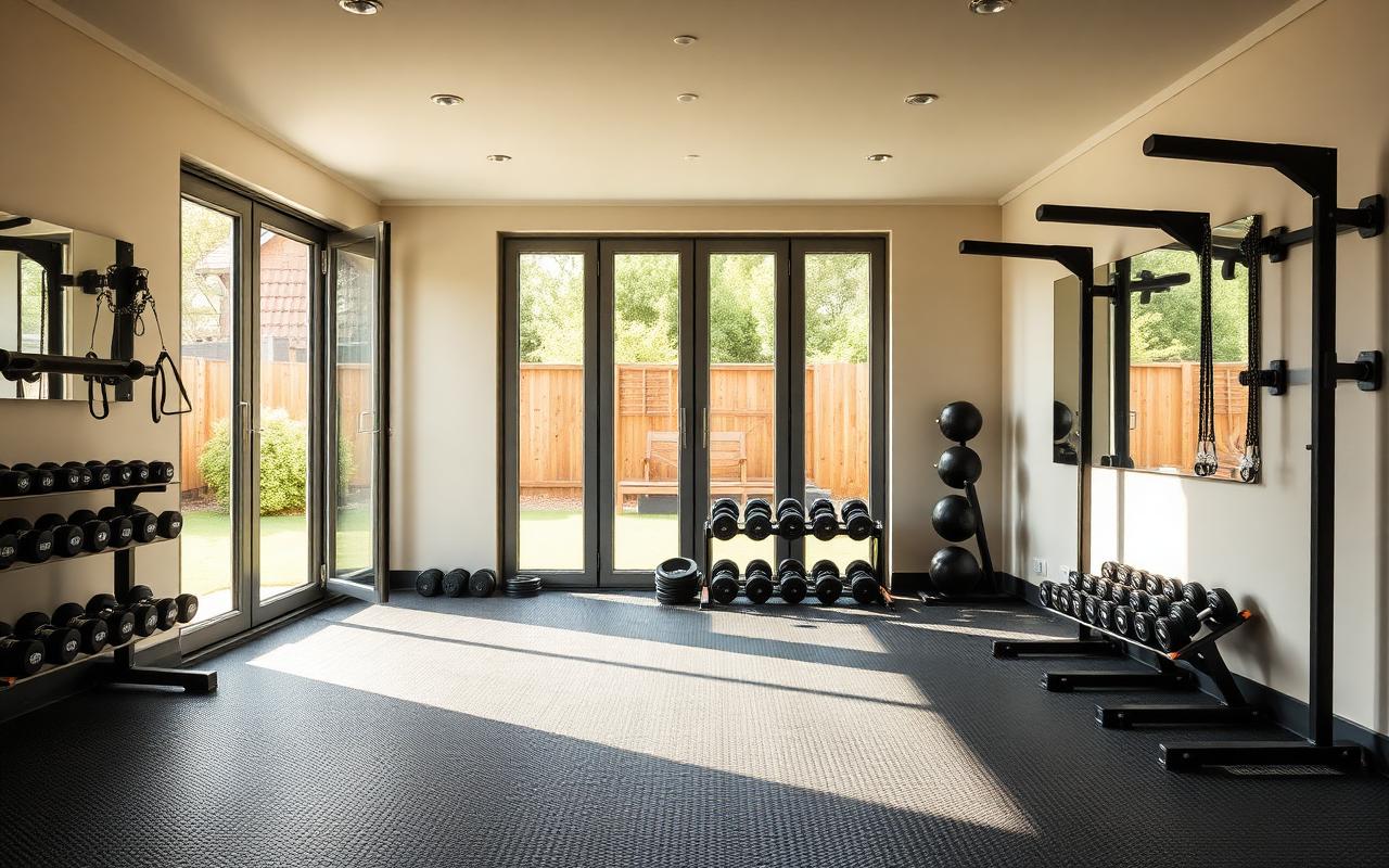 Garden gym outbuilding with rubber flooring and mirror walls