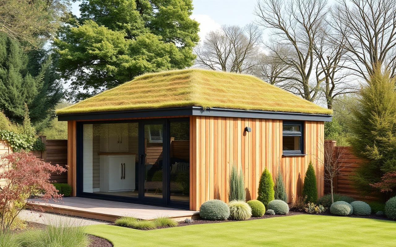 Modern garden room with sedum green roof and larch cladding