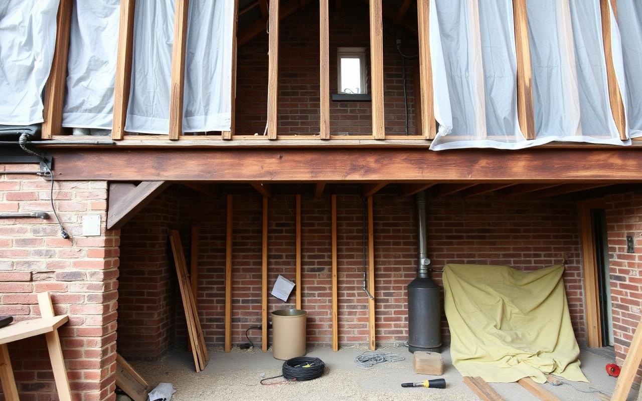 Stripped-out house mid-renovation with new RSJ and first fix electrics