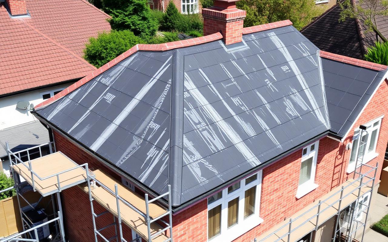 Full re-roof in progress on a 1930s Kent semi with new breathable membrane and battens
